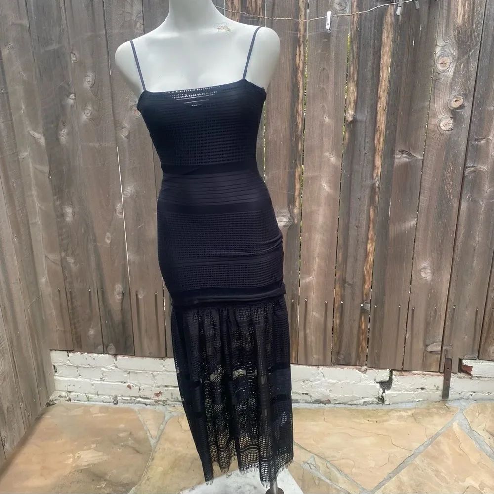 French Connection Black mesh Ruched Bodycon Maxi Dress size 0